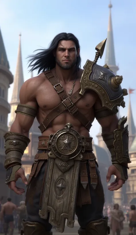 Young Male with black long hair, he is a Warrior from the World of Warcraft unverse, he is a player at level 1 Warrior with a two-handed sword. Bacground is the Stormwind City. Full-body view.