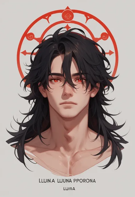 Make me a male character reference sheet of my lunarsona, Elune. He is a deity with a long black hair with red and white strikes. He's a scribe/writer