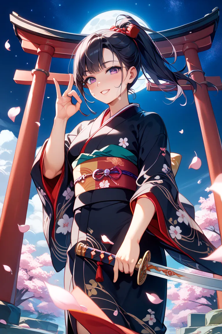 high image quality、Highest quality、(Beautiful woman in kimono standing holding the handle of a sword with her right hand:1.2)、Japanese、(Gesture of scraping up hair with left hand:1.5)、smiles with a proud expression、 dark purple eyes、Alluring、Wind blowing s...