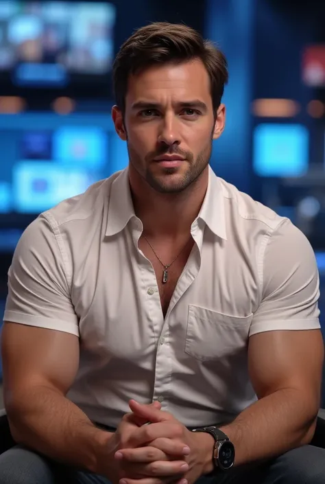 Man, 30 ans, sexy,  muscle , regard lascif, biting his lips ; assis derrière une table sur un plateau de télévision, he is a journalist and hosts the television news ; Dressed in a shirt.