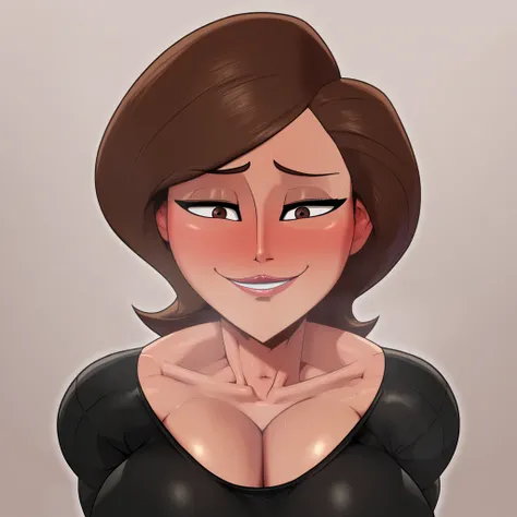 score_9, score_8_up, score_7_up, score_6_up, score_5_up, score_4_up, large breasts, black loose pants, black shirt, helen parr, elastigirl, looking down at viewer, naughty smile, seductive look, focus on face, Seductive smile, Naughty face, Embarrassed, Bl...