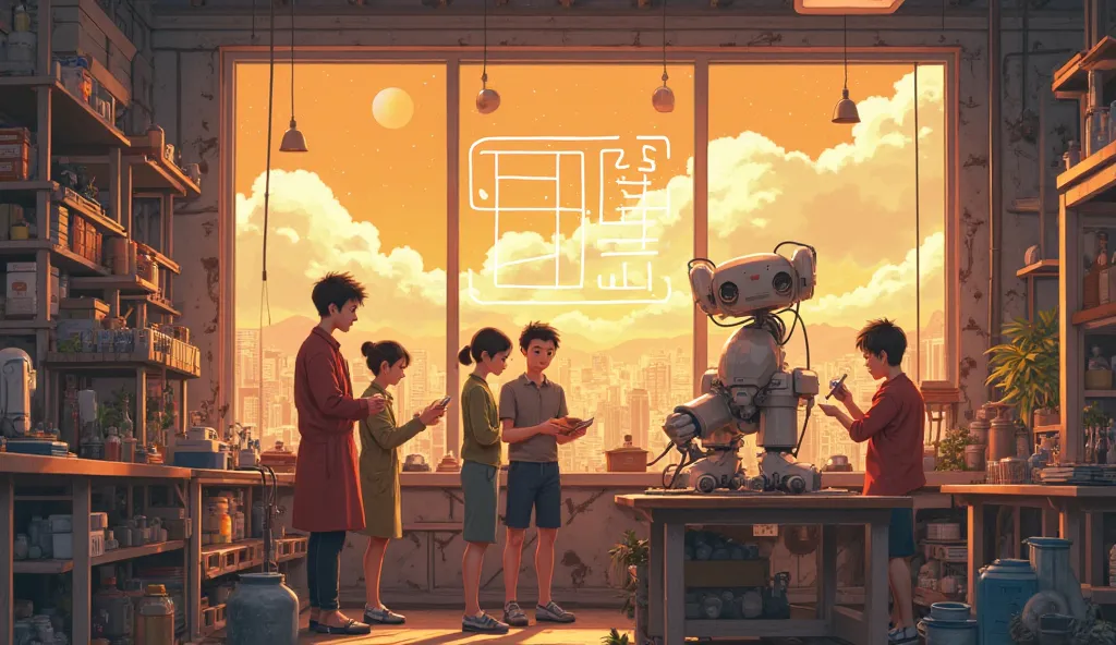 "Diverse team of engineers/artisans collaborating on solar-powered robots, glowing city skyline through workshop windows, augmented reality blueprints floating mid-air, warm optimistic lighting, Studio Ghibli-inspired details"