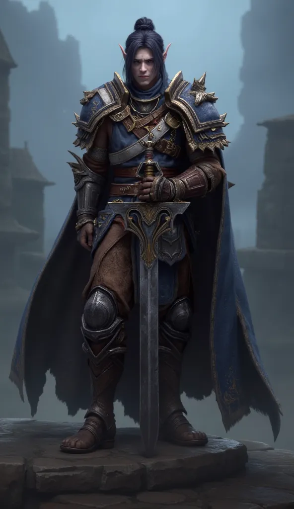 Young Male with black long hair, he is a Warrior from the World of Warcraft unverse, he is a player at level 1 Warrior with a two-handed sword, Full-body view from head to feet. Bacground is the Stormwind City.