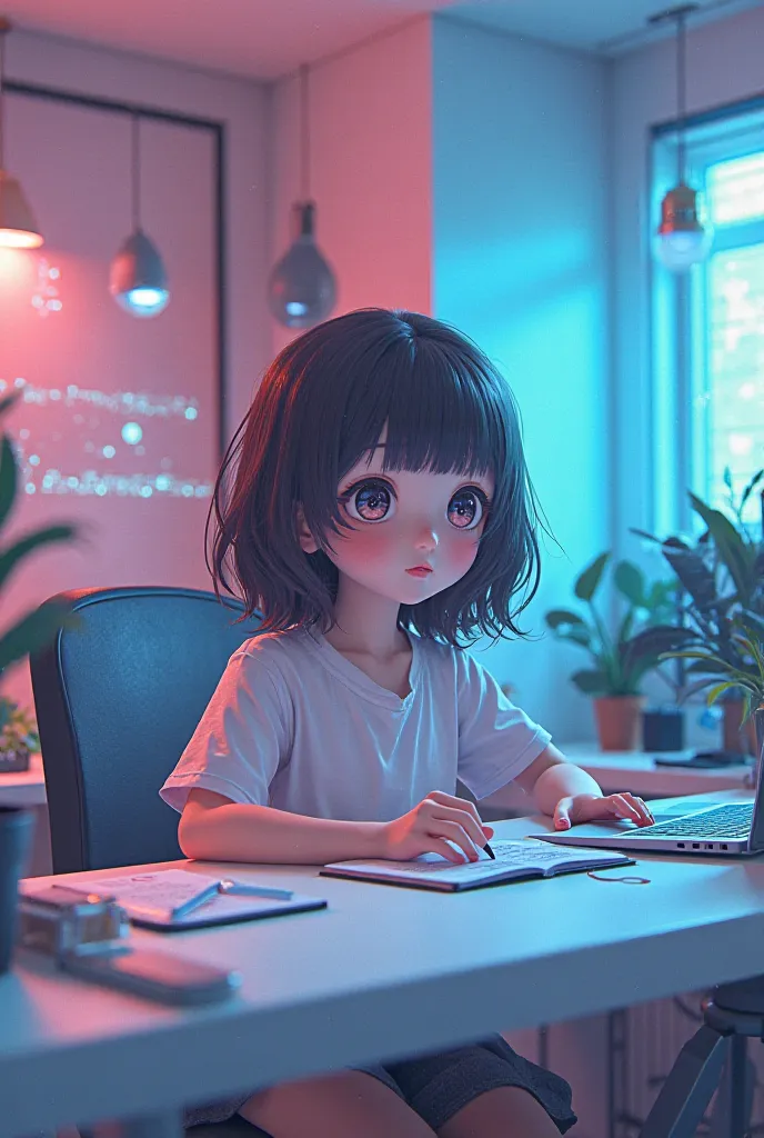 creative workspace with a laptop, notebook, and AI-generated text on the screen. I anime girl and it should be little larger surrounding
don't zoom it