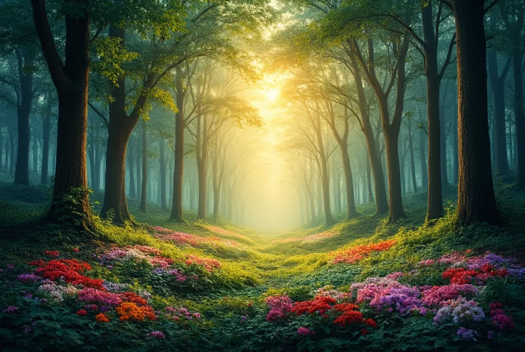   highdefinition images 、Forest seen from Milan、 Deep Forest Paintings 、 Flowers and trees々々forest colorful Milan、 magical beings hidden in branches and a mysterious colorful forest 、(  High Quality Seven Colored Flowers  ) forest full of fantasy worlds 、 ...