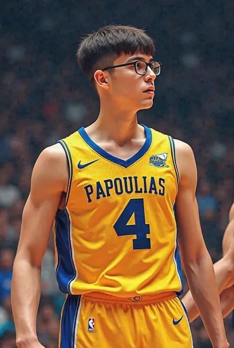 The best basketball player in the world
A ager with glasses and short hair like a bowl cut
he wears a jersey that says papoulias and the number 4 and the jersey is yellow and blue 