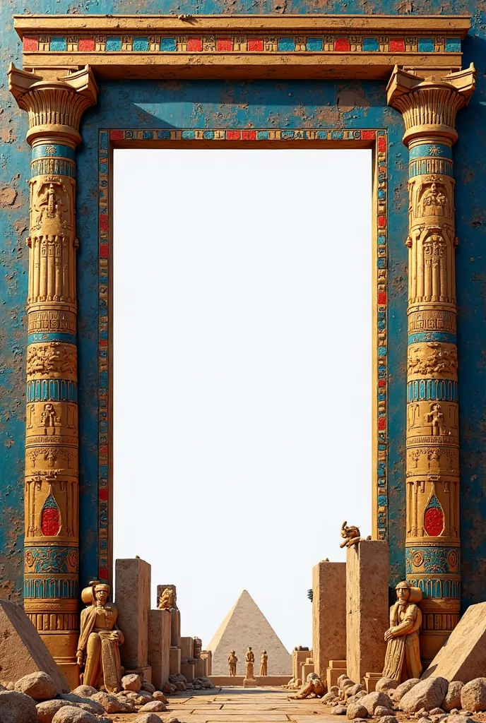 "A decorative frame inspired by ancient Egyptian architecture, designed for LinkedIn profile images. The frame should feature intricate carvings and reliefs depicting scenes of construction from the Pharaonic era, including workers transporting stone block...