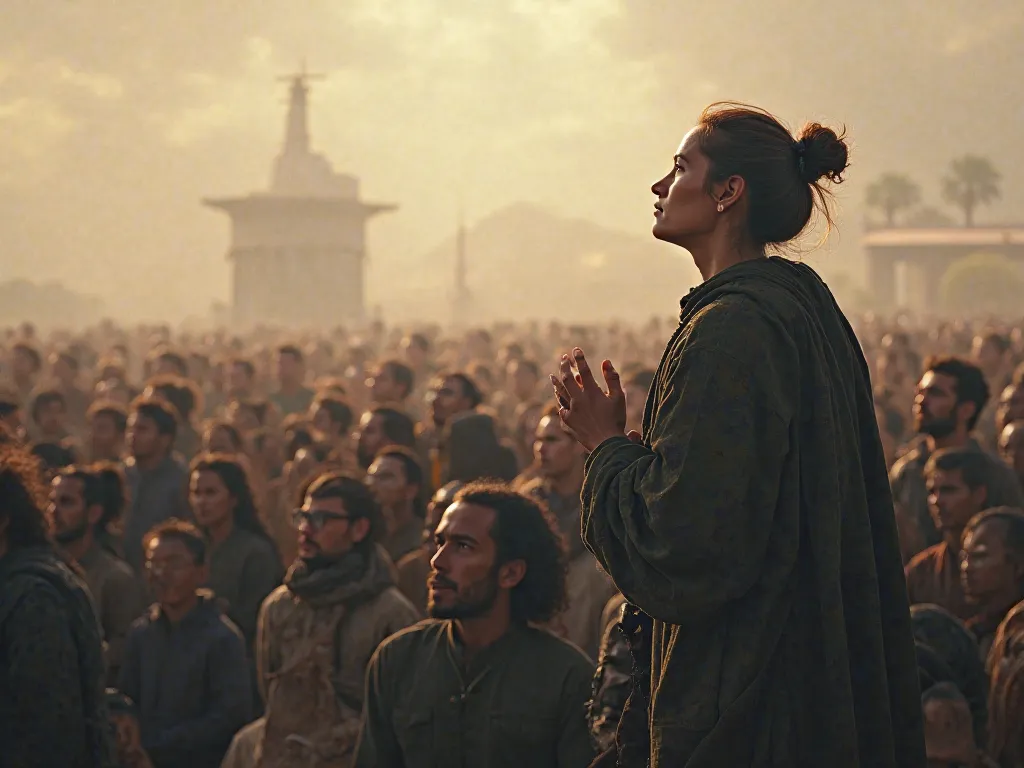 Realistic photo of a group of people praying fervently or a sentinel watching over a city