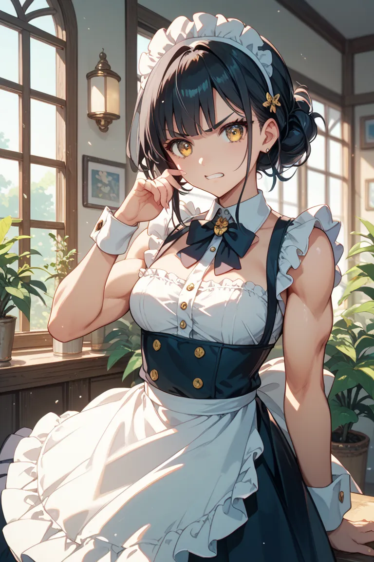 anime style、solo、Pretty Girl、high school girl、 muscular。long black hair and golden eyes（ gold）、There is a clean and calm atmosphere。

Cute and angry scene。
Has a puffy expression。
clothing： sleeveless maid clothes 