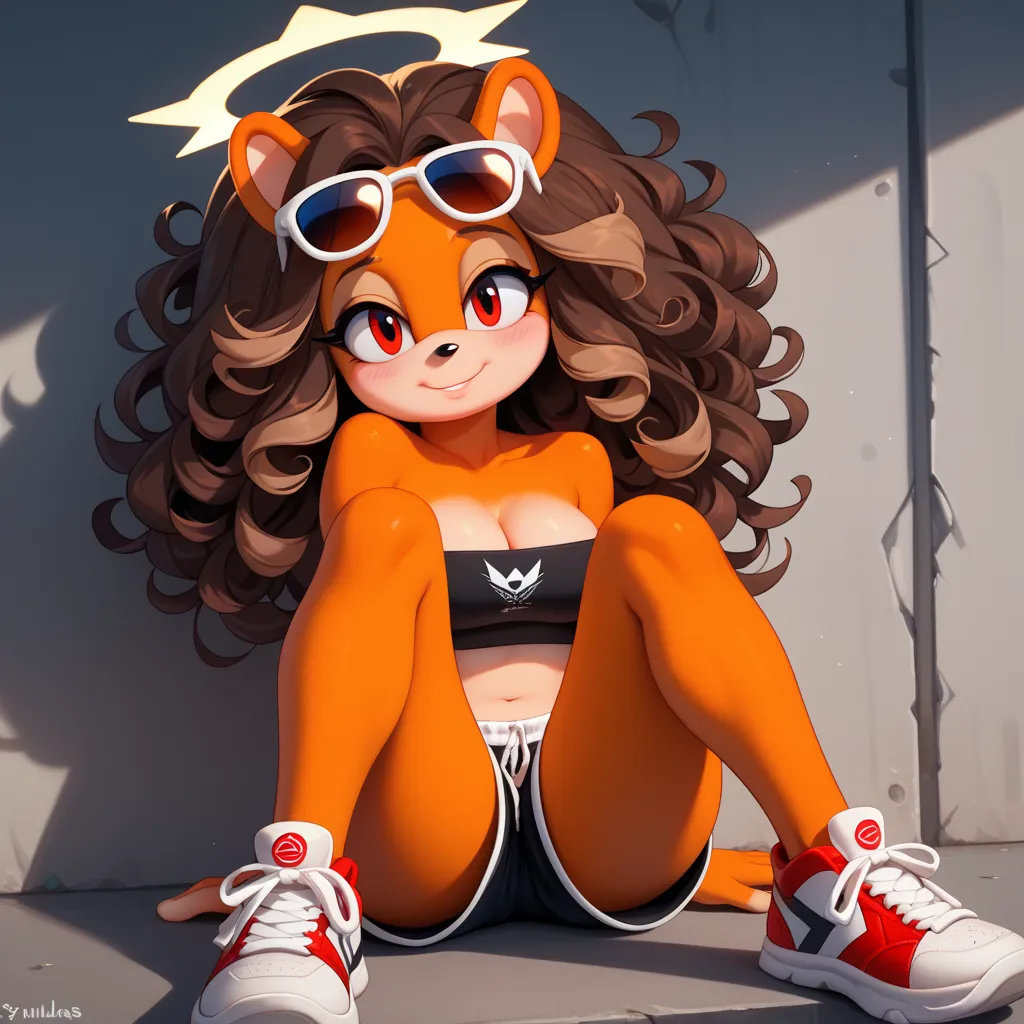 solo, mobian, hedgehog, two-tone fur ((orange fur, brown fur)), pyjama elastic shorts, strapless crop top, cleavage, high-top sneakers, two-tone hair (brown hair, black tip)), curly hair, halo, sunglasses, jewelry, red eyes, longeyelashes, red eyes, smile,...