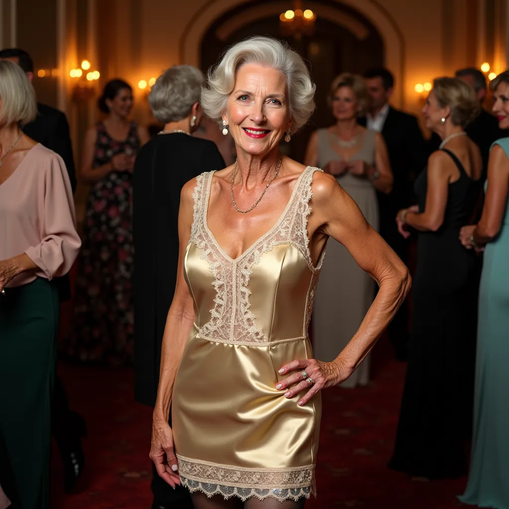 full-length picture,
a ninety years old woman,
she smiling broadly,
posing standing,
facing the camera,
her gaze is direct,
she is looking directly at the viewer,
she has an opulent chest,
she is light-skinned,
Her hair is very light gray,
Her hair is styl...