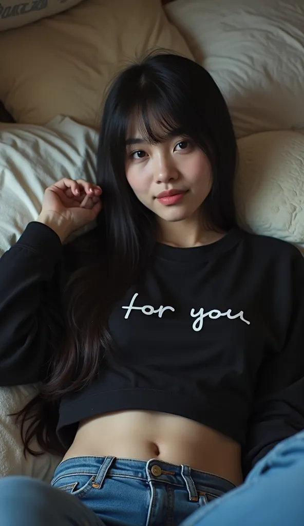 ((Amateur shot , POV Instagram selfie:1.5))(selfie camera) She raises her sweater, to show her belly.write “for you” on her belly.Flat-chested black cropped t-shirt and blue jeans surrounded by pillows in a dimly lit student room, without makeup., playful ...