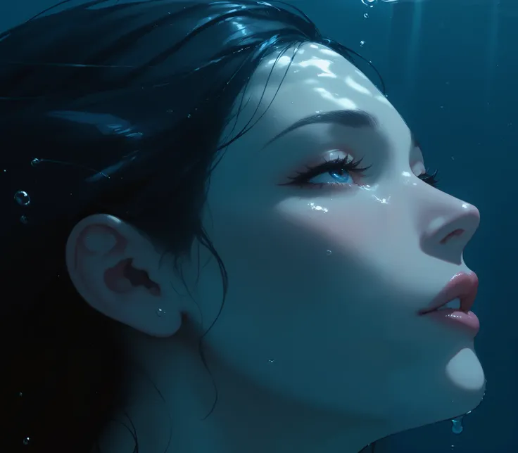 solo focus,  1girl , (masterpiece, high quality:1), beautiful mermaid girl under water, depicting a woman with long dark hair, that flutter , as if she is under water or in a stream of water. mysterious and peaceful atmosphere. The image of a woman is eleg...