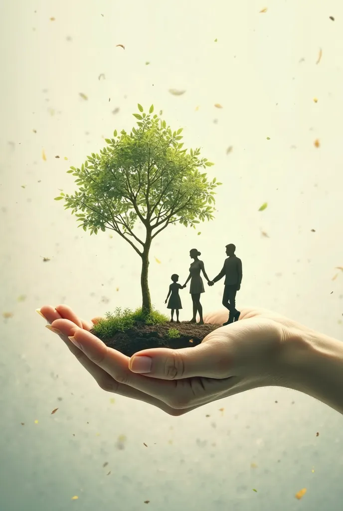 A hand with a tree plant and three silhouettes of people holding hands 