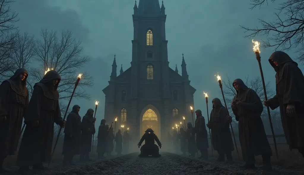 A dark, medieval church looming over a fog-covered village, its tall spires reaching into the night sky. The church windows glow with a dim, unsettling light, casting long shadows. In front of the church, a group of villagers, dressed in tattered robes, ho...