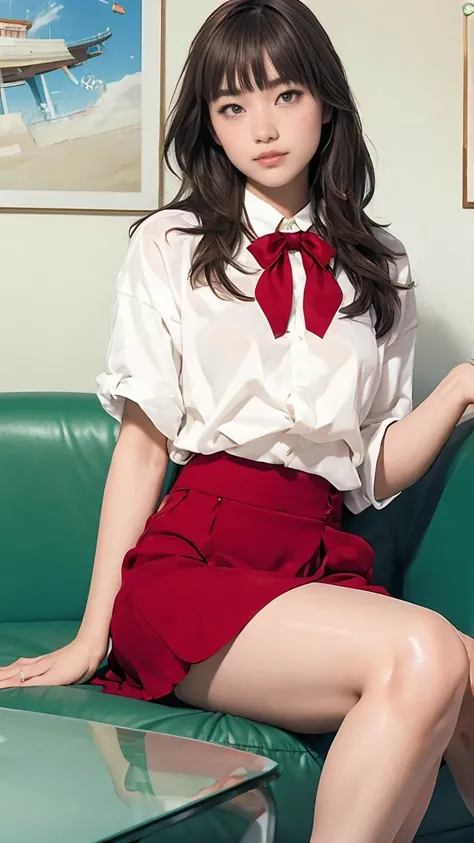 Arabian style asian woman sitting on sofa wearing white shirt and red bow tie,  cute high school girl , hyperrealistic , a hyperrealistic ,  high school girl pose , Thigh Closeup, realistic , wearing  Japanese ,  Japanese girl ,  Japanese ,  Leg Closeups ,...