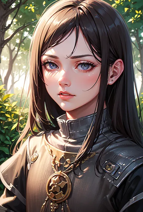 Anime black haired man with violet eyes wearing medieval armor and a handsome face in a forest
