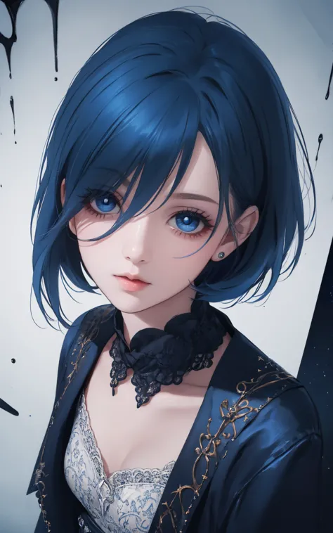 (masterpiece)、(Absard Dress)、(Ultra High Definition),Crazy Eyes、despair、Dark Side、closed her mouth, Blood Drops 、 Darkness, Blood Pool Space 、Blood dripping background:1.3、Solo Girl、slender:1.1、shiny ultramarine blue hair、 、short bob:1.1、hair covering one ...