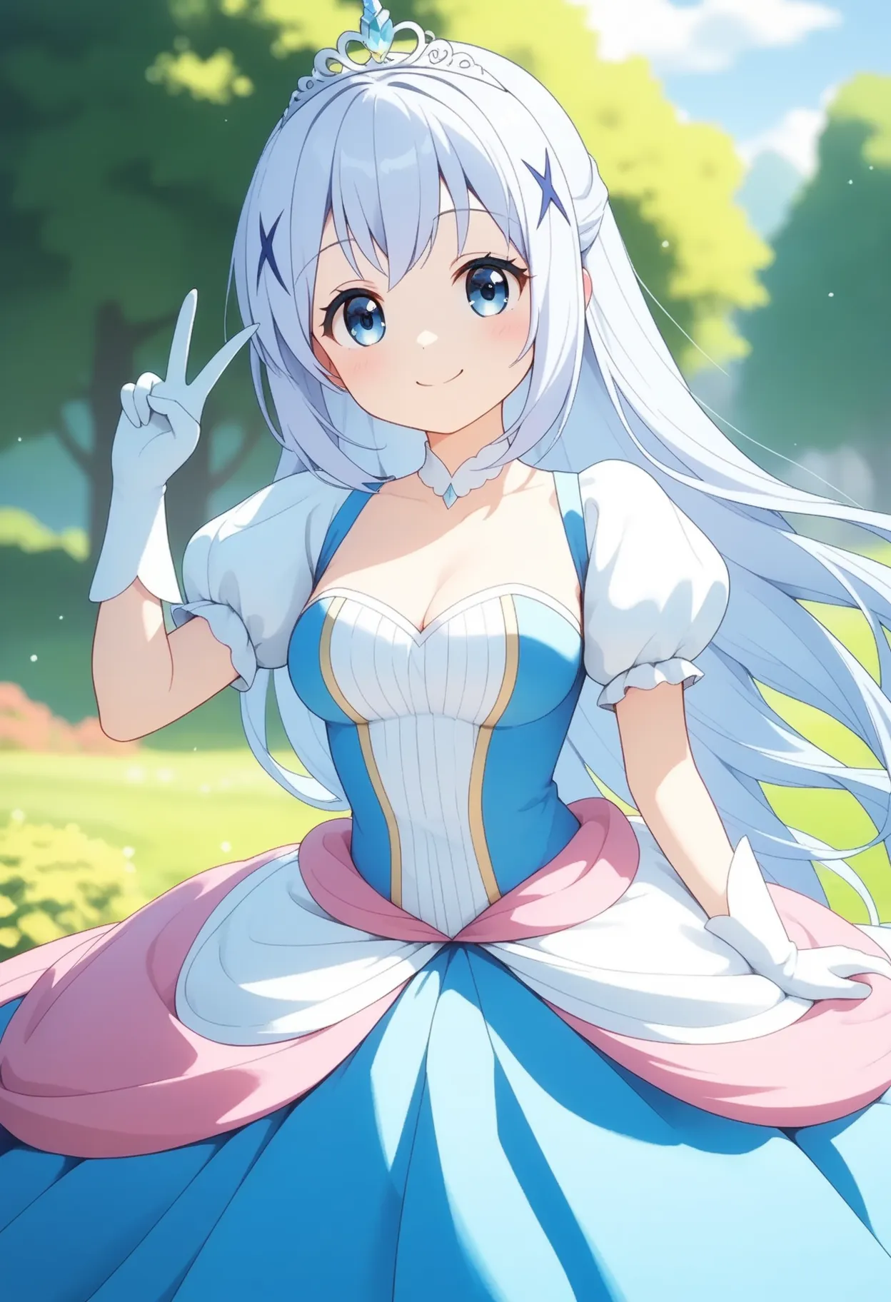 solo, 1girl, long hair, blue hair, blue eyes, (((Kafuu Chino))), (medium breasts), {{{smile}}}, {{{solo}}}, (masterpiece:1.2), (best quality:1.2), (high quality:1.2), (accurate), {{{princess costume}}}, {{{{{puff sleeve}}}}}, {{{princess}}}, {{{frilled dre...