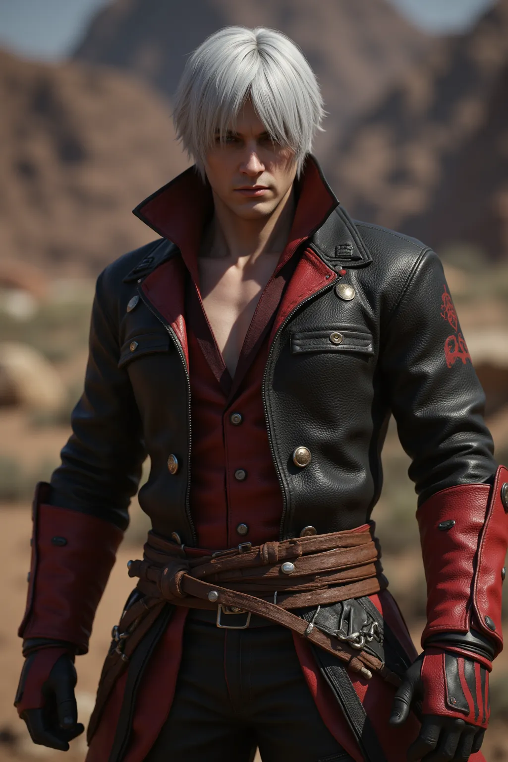 Devil May Cry, (character: (Dante:1.33)), , Correct Anatomy, (location: (oasis:1.27),(shack:0.42)), (epic:1.2), (high quality:1.2), (masterpiece:1.2), high details, incredibly absurd, ultra realistic photography