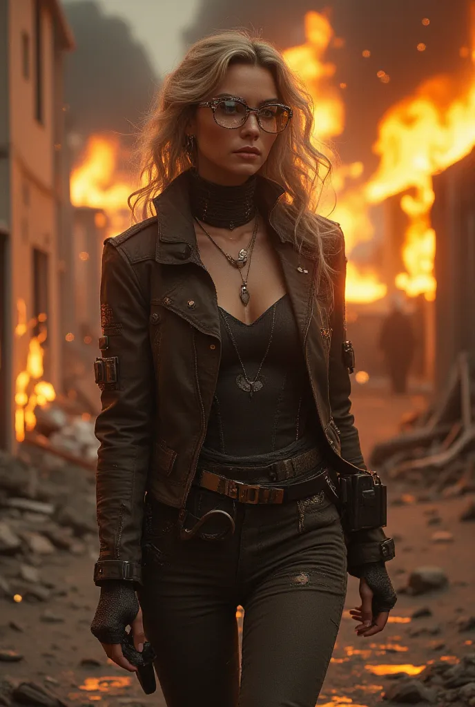 Portraying, Baroness of movie Gi Joe,walking inposes , burning building in background, wearing transparent spectacles, 8k Ultra HD detailed photograph 