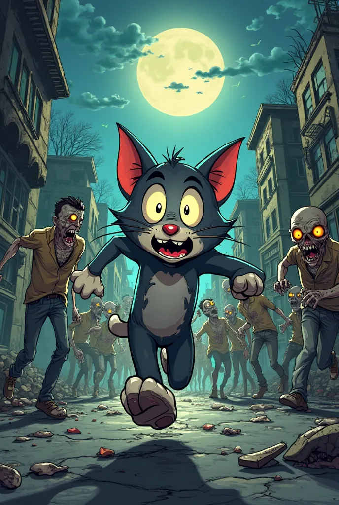 Tom from the cartoon, runs away from zombies 