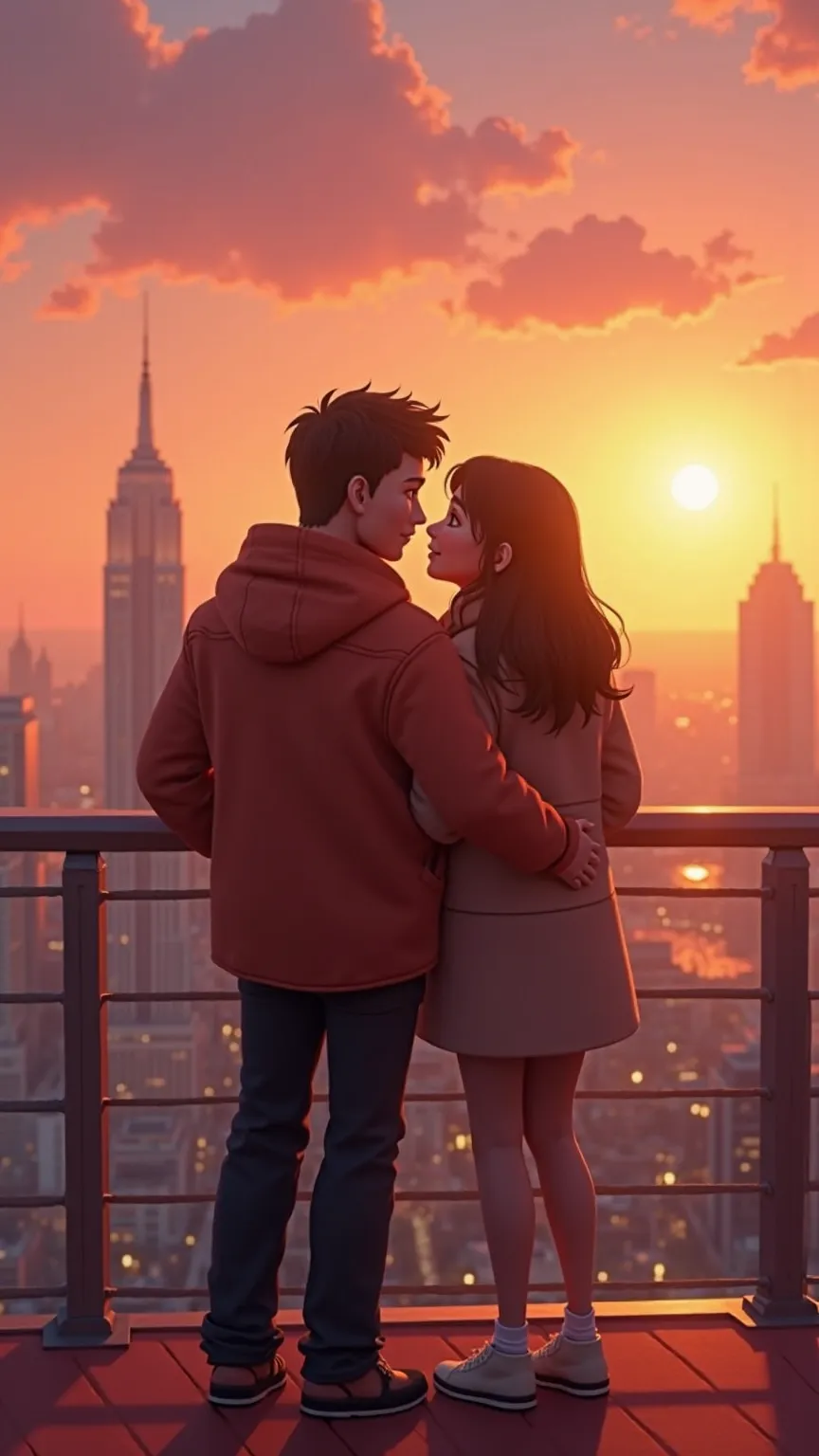 "A 3D animated couple standing on a balcony overlooking the city skyline at sunset, holding each other in a gentle hug. The warm hues of orange and pink reflect on their faces as they enjoy the breathtaking view together." 