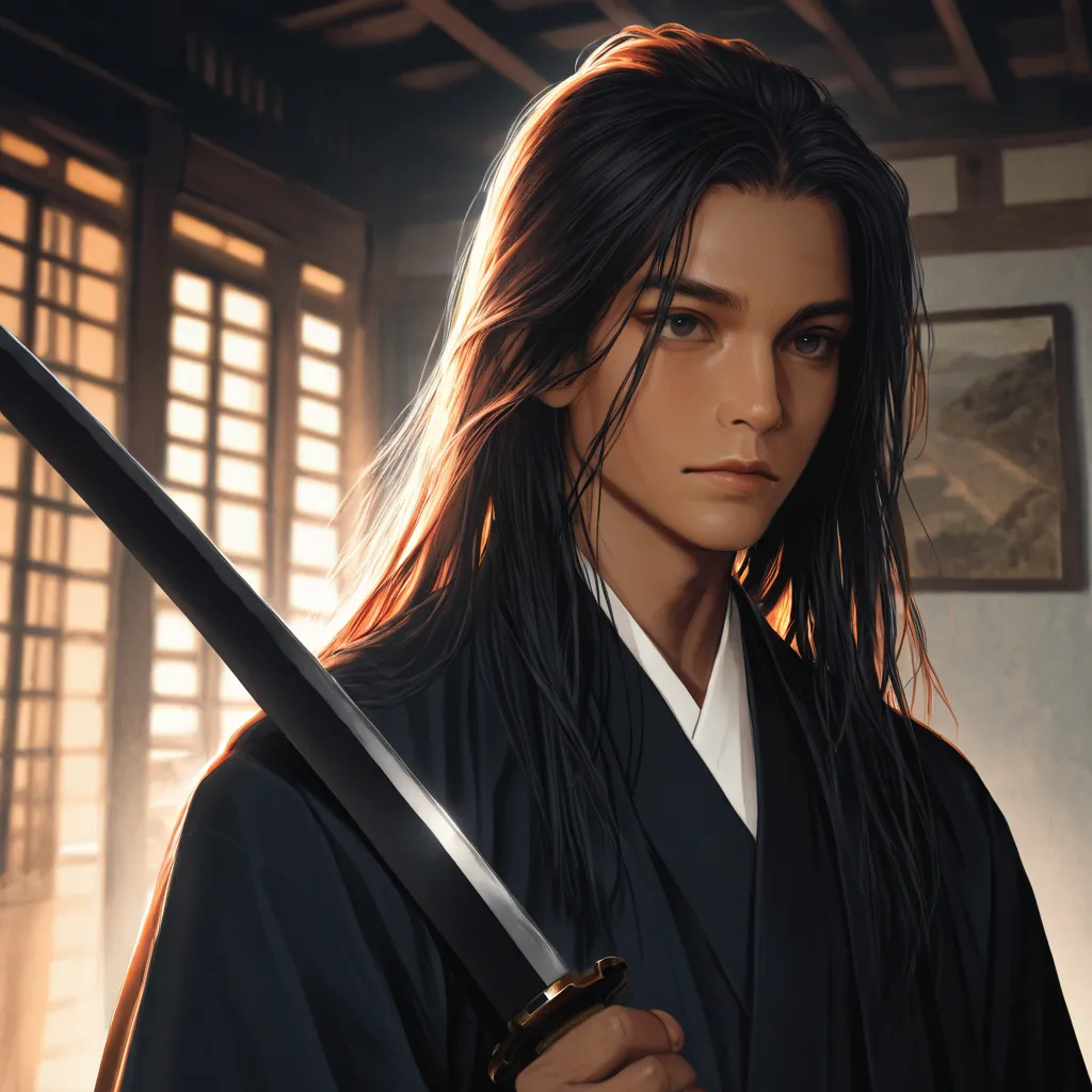 1 boy, solo, long hair, Japanese clothing, black clothing, samurai, wearing hakama, holding weapon, charming illustration portrait, digital art styledigital art, intricate details, 8K, photo-realistic, professional, masterpiece, ultra-detailed, studio ligh...