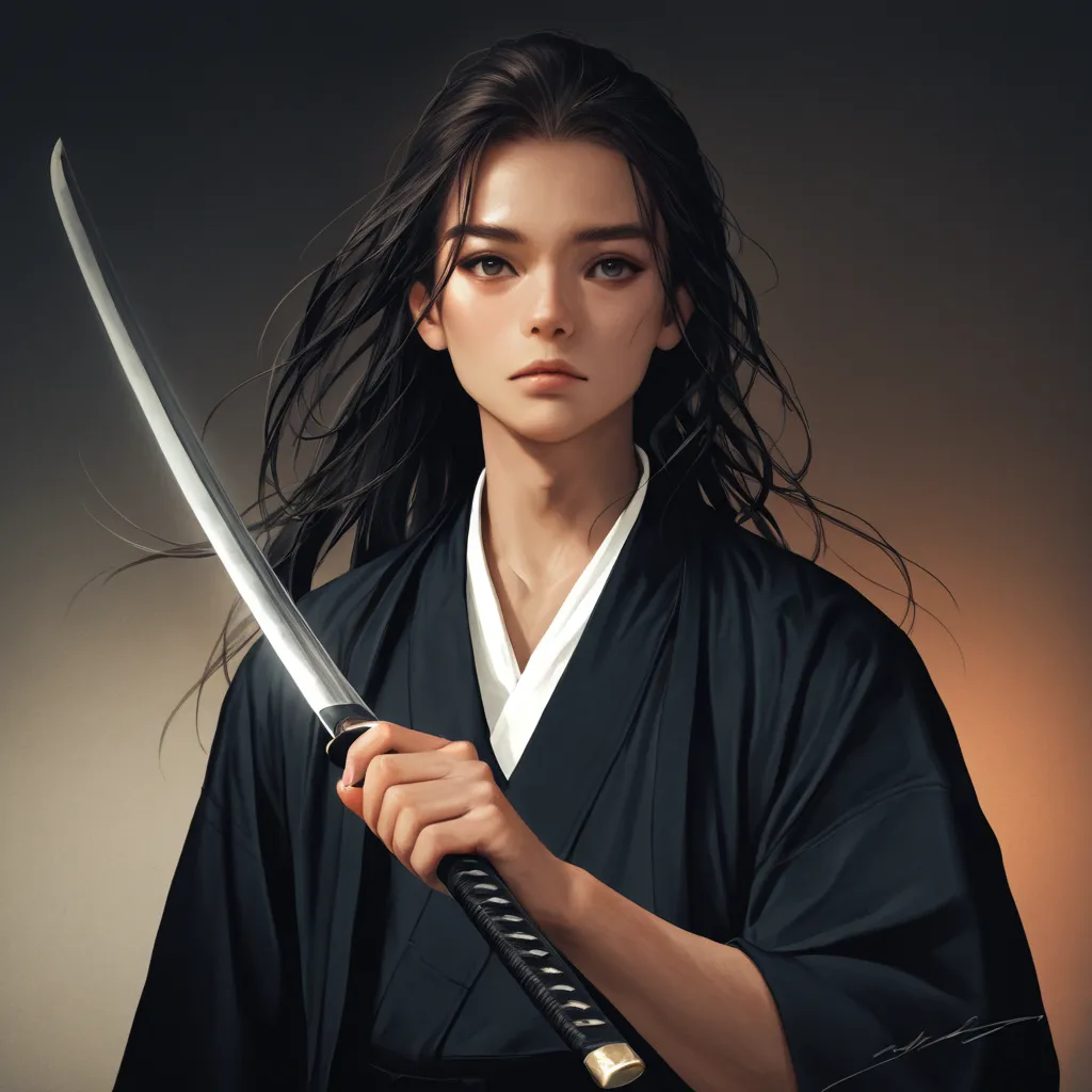 1 boy, solo, long hair, Japanese clothing, black clothing, samurai, wearing hakama, holding weapon, charming illustration portrait, digital art styledigital art, intricate details, 8K, photo-realistic, professional, masterpiece, ultra-detailed, studio ligh...