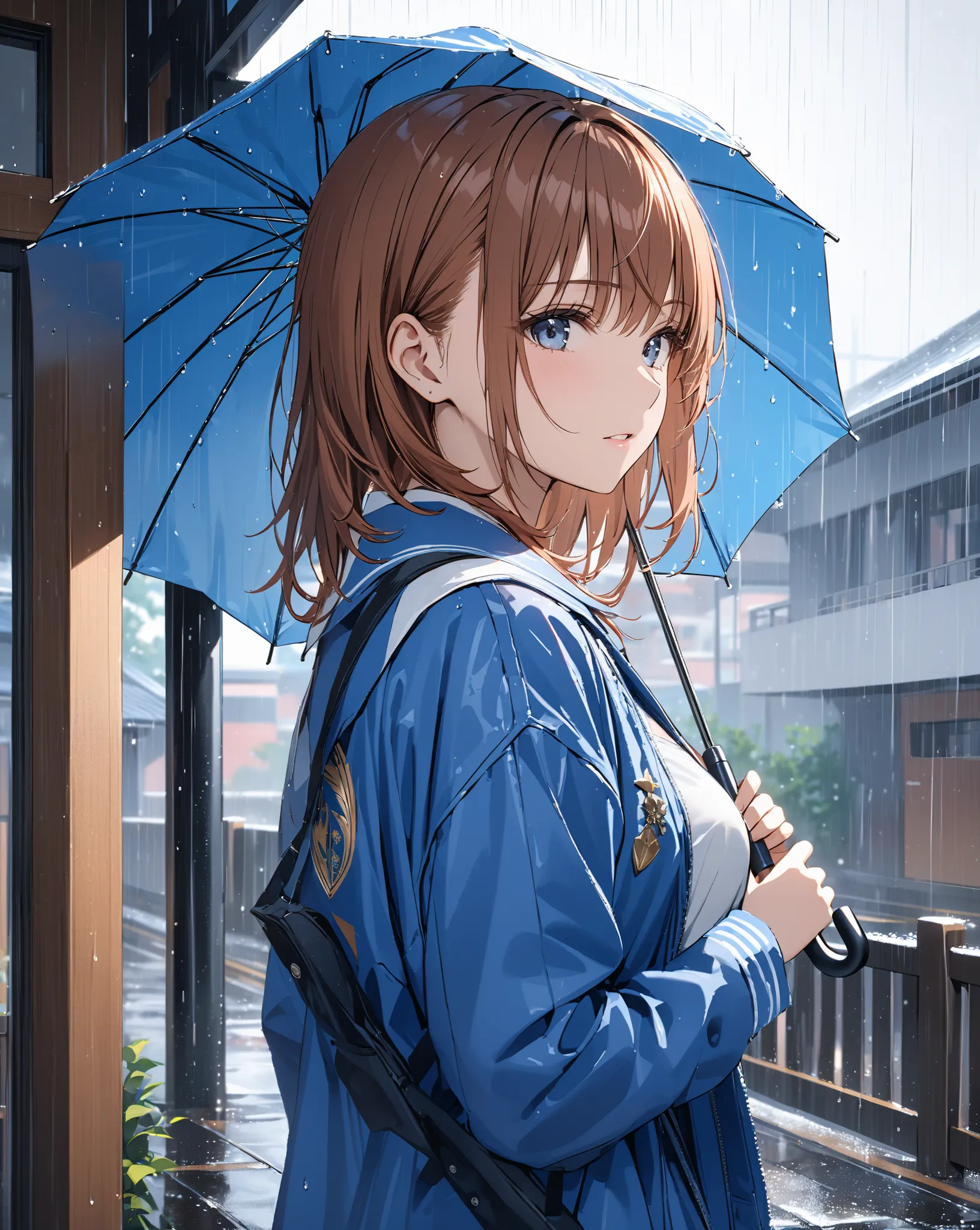 Back of the school building, Hold an umbrella in the rain, Waiting for someone, ( Misaka Mikoto), masterpiece, highest quality, UHD, retina, masterpiece, accurate anatomy, super detailed, high quality, best quality, 8k