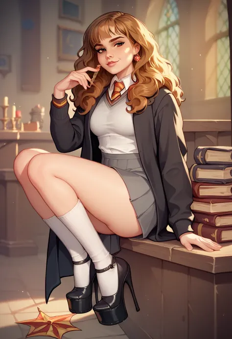 score_9, score_8_up, score_7_up, masterpiece, best quality, ((seductive expression)), perfect eyes, 1girl, Hermione, (solo), looking at viewer, (seductive face), in class, full body, hogwarts school uniform, black coat, grey sweater, white shirt, grey mini...