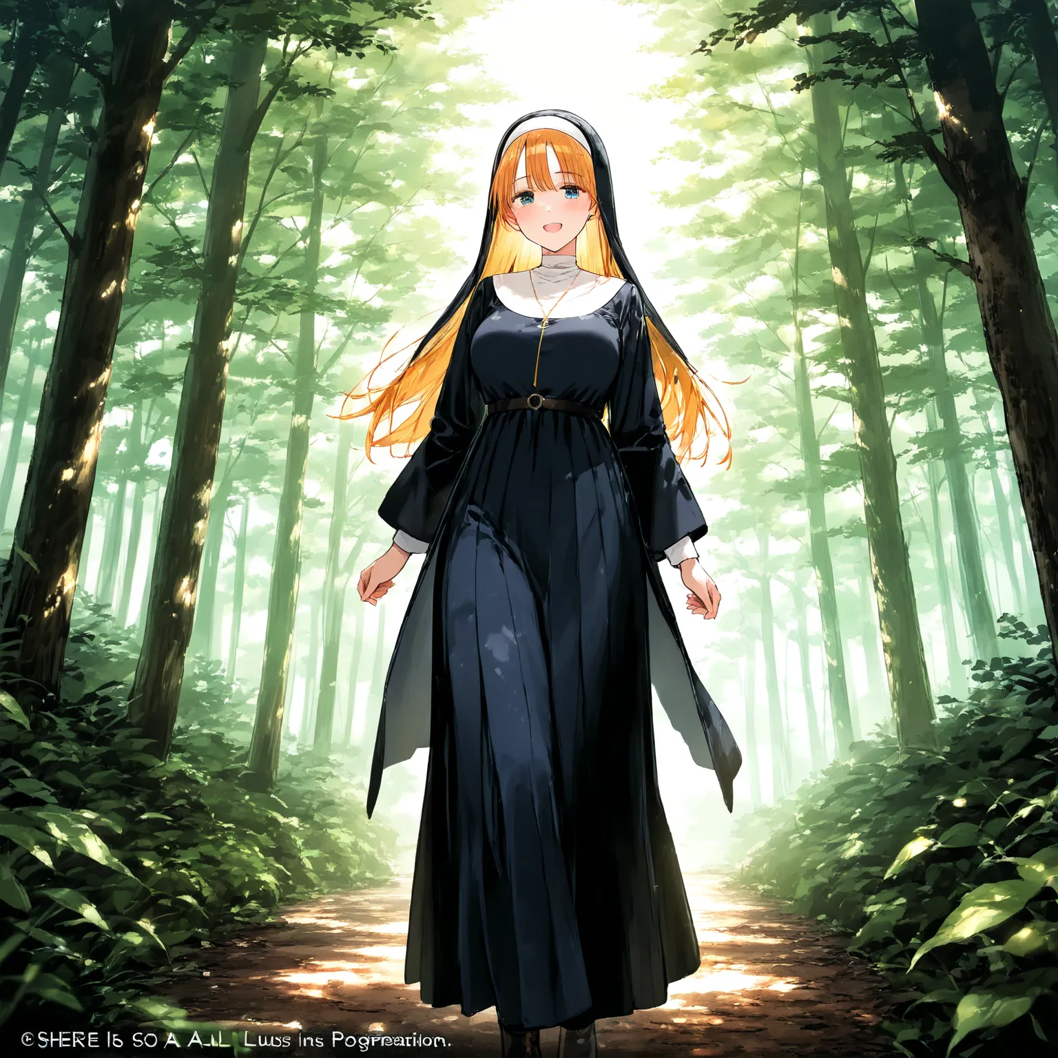 masterpiece, (((( best quality )))), shiny skin,Tall Length,Big body,nun, Fantastic, in the woods