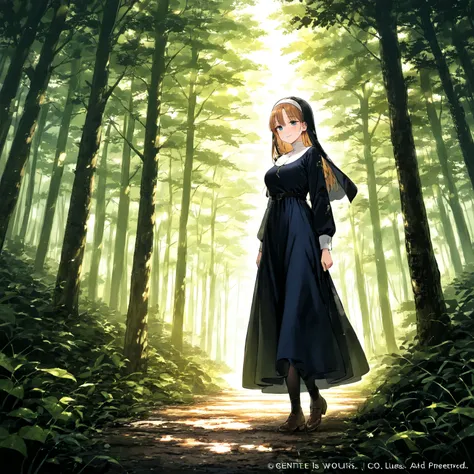 masterpiece, (((( best quality )))), shiny skin,Tall Length,Big body,nun, Fantastic, in the woods