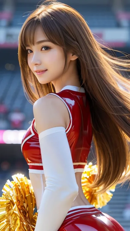 (((  TOP QUALITY、8k、 Photorealistic:1.4、​masterpiece)))、  backlight、   Attractive Women's Hairstyle Bundle Logo 、顔のディテール付き 、18 years old、((( Latex Gold Cheerleader Uniform with Face Details:1.2)))、((  stadium background:1.2))、 raise your arms、smile、   mous...