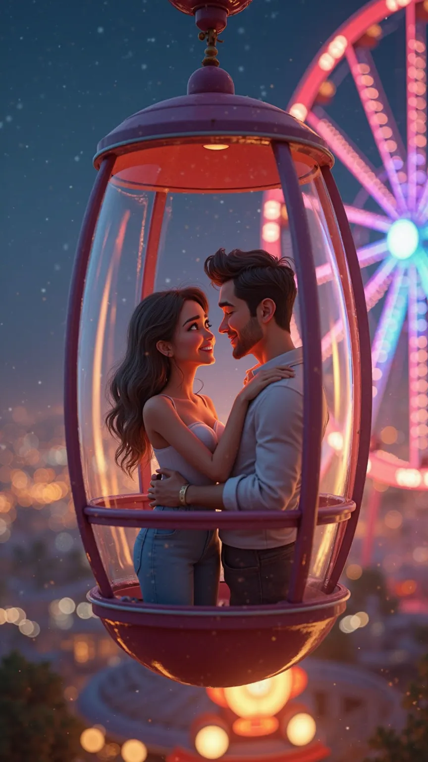 "A 3D animated couple hugging on a Ferris wheel at night, illuminated by the colorful carnival lights. Their expressions show pure happiness as they share this magical moment high above the city."