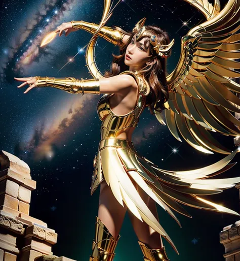 A highly detailed, hyper-realistic full-body shot of a beautiful young female warrior inspired by Seiya from Saint Seiya, wearing the legendary Sagittarius Gold Cloth, filmed in the style of 1990s Super Panavision 70. She has a strikingly pretty face with ...