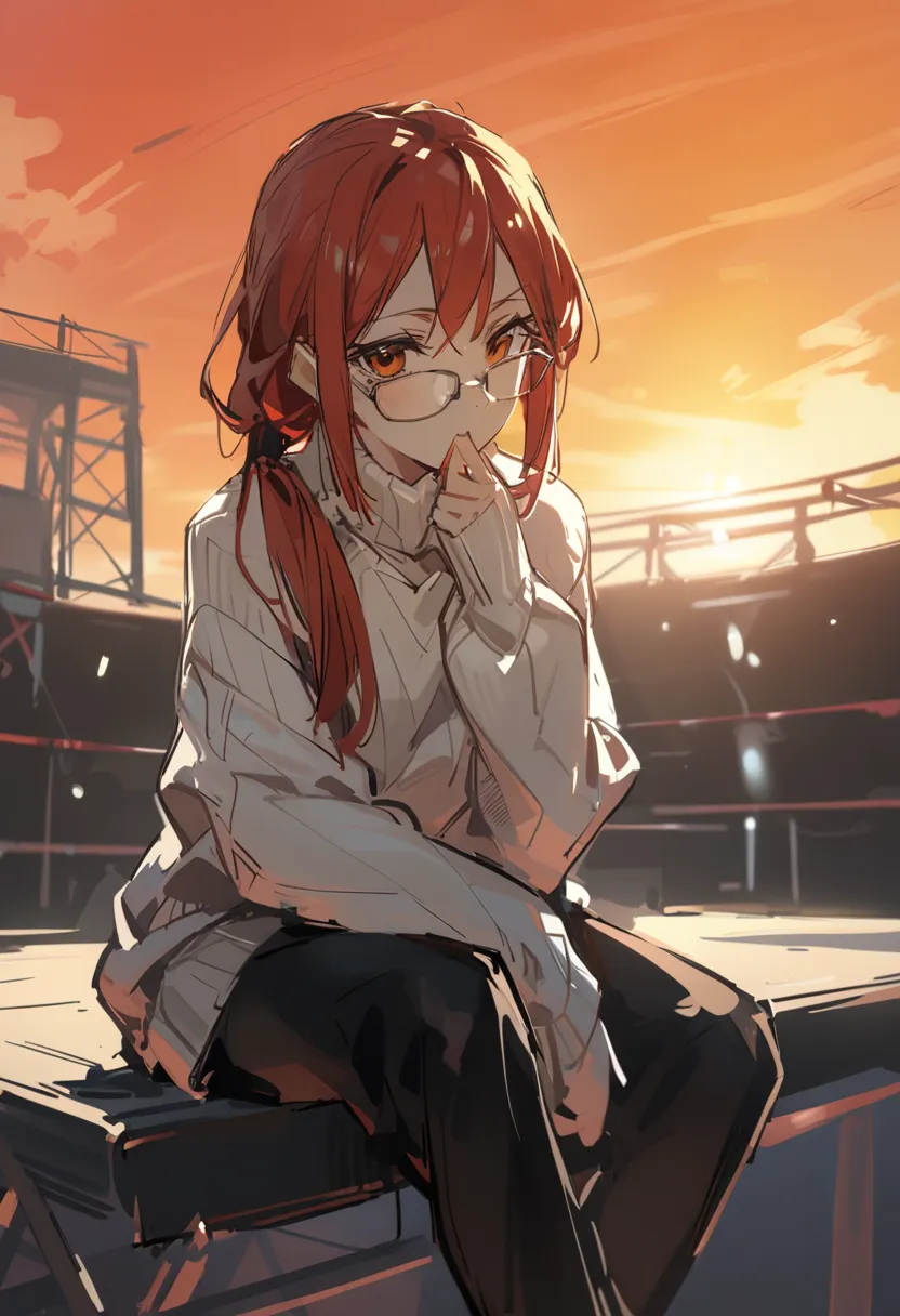 ( sketch:1.1),oil, 1 girl, bangs, red hair, black   pants, knitting glasses, knitting glassesed ponytail, closed her mouth,  Shoulder Hair , long hair,  Long Sleeve, looking towards the viewer,  outdoor,   pants, red eyes, contoured eyes, single knitting g...