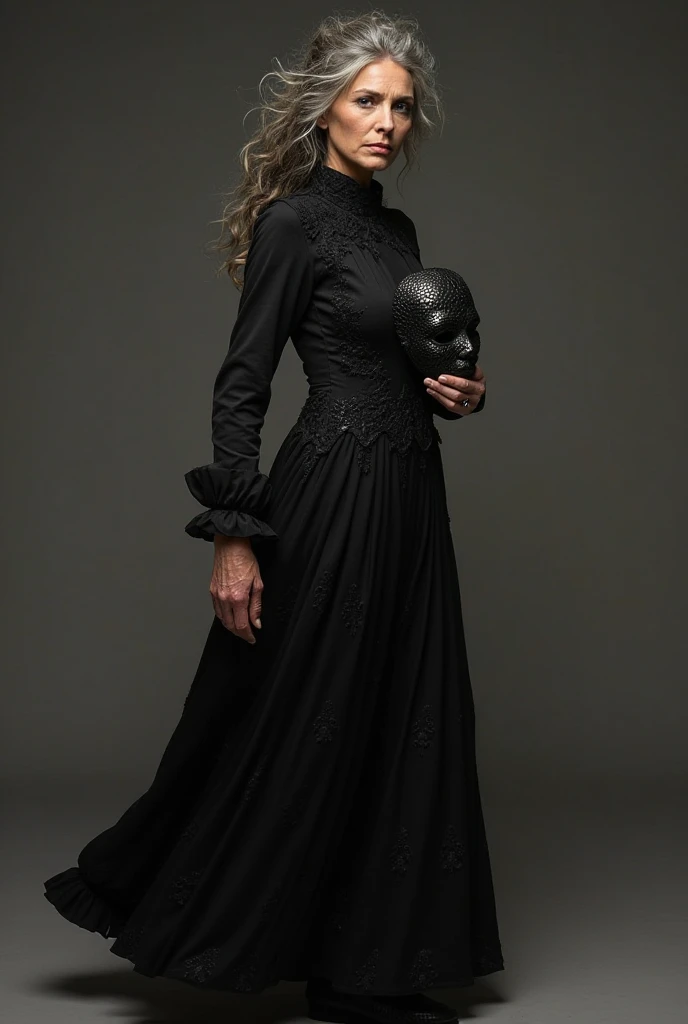 The older woman wore a long black dress that covered each centimeter of your skin, but still embraced her curves impeccably. The fabric seemed heavy, but flowed gracefully at each step. Small dark embroideries blended with the material, forming subtle patt...