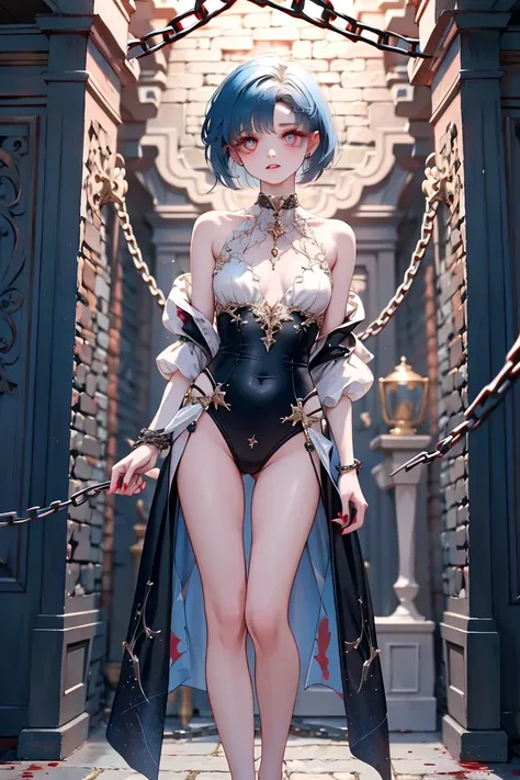 「Highest quality, Hi-Res,   Dark Fantasy Art  。I'm starting to think blood tastes good、 A room surrounded by cold stone walls 。
 her limbs are bound by chains 、  Can't Escape 。

(left side:  she's just a normal person ,  her eyes haven't changed ,  her ski...