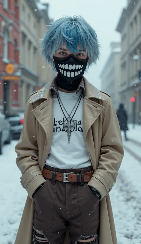 Gothic style, BJD style,  boy,full body， blue and white gradient hair, gray eyes, black mask with white teeth pattern, white skin, white T-shirt with black Gothic text, silver cross necklace, silver lock necklace, pink and white plaid collared long-sleeved...