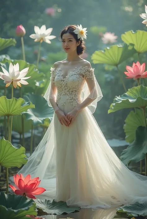 a woman in an elegant, flowing white gown adorned with floral designs. She is standing in a serene environment surrounded by large lotus flowers in various colors, including white and red, along with broad green leaves. The setting resembles a tranquil gar...