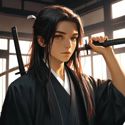 1 boy, solo, long hair, Japanese clothing, black clothing, samurai, wearing hakama, holding weapon, charming illustration portrait, digital art styledigital art, intricate details, 8K, photo-realistic, professional, masterpiece, ultra-detailed, studio ligh...