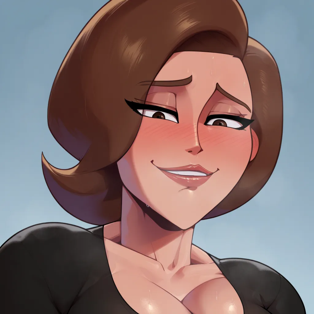 score_9, score_8_up, score_7_up, score_6_up, score_5_up, score_4_up, large breasts, black loose pants, black shirt, helen parr, elastigirl, looking down at viewer, naughty smile, seductive look, focus on face, Seductive smile, Naughty face, Embarrassed, Bl...