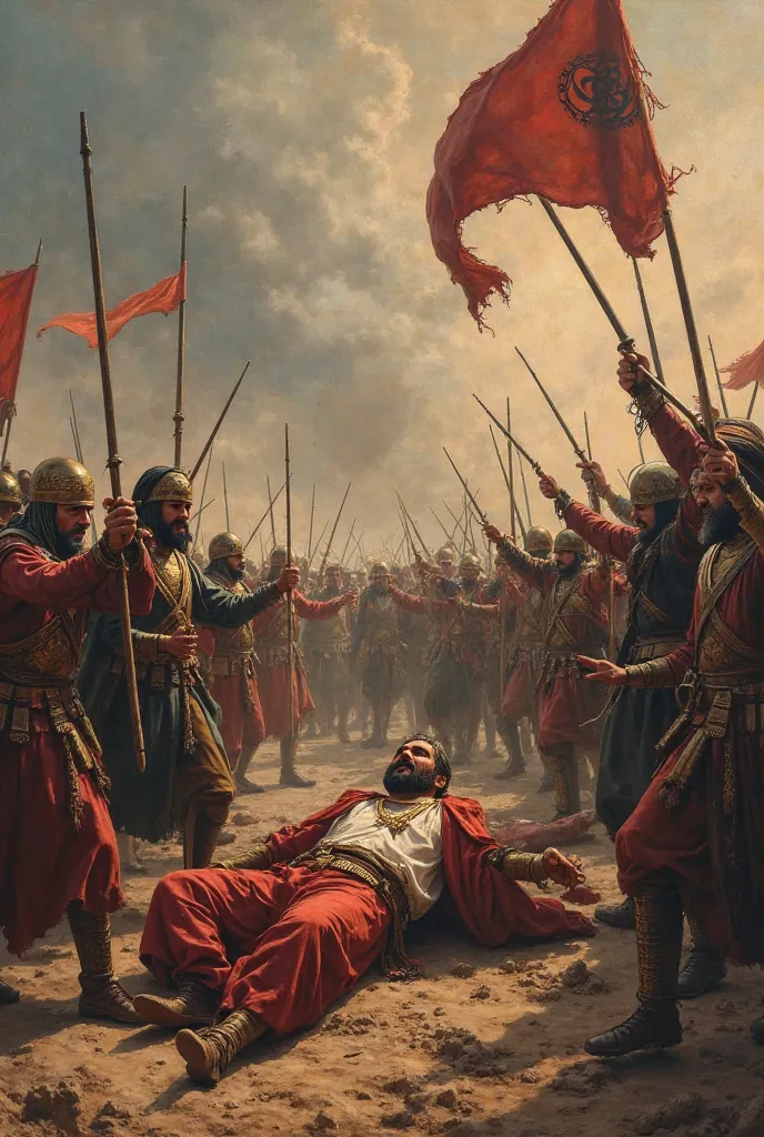 The Fall of Rustam and Persian Defeat** – Rustam, the Persian general, falling on the battlefield, surrounded by defeated Persian soldiers, while Muslim warriors celebrate victory