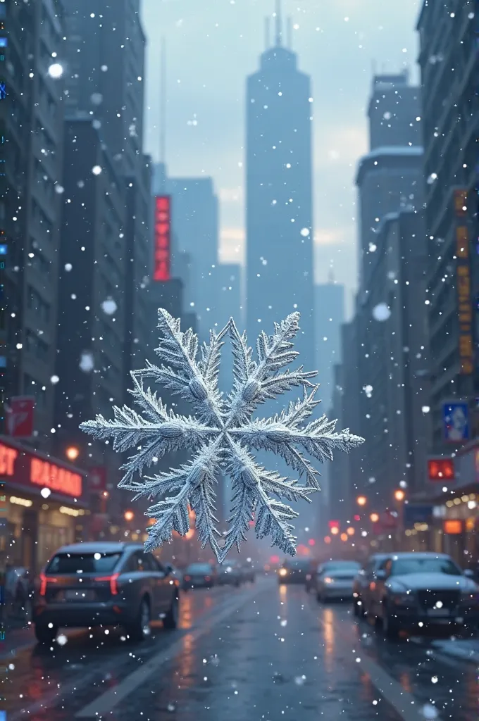 snowflakes on a cloud, Down city in evening light, a snowflake in the foreground