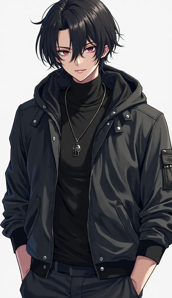 anime style. Handsome and fascinating guy, with black bob hair.  He's a little pumped up . His hair covers half of his face. He is wearing a black high-necked jacket,  sedan black , black pants , black shoes. 