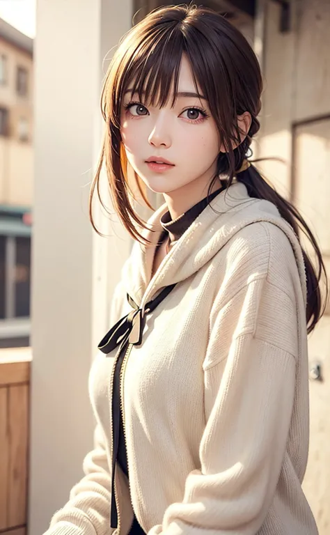 anime girl with short brown hair and blue sweater looking at camera, Realistic Anime 3D Style, cute realistic portrait, Realistic Anime Art Style, smooth anime CG art,  ANIME REALISM STYLE , portrait of an anime girl,  realistic young woman anime character...