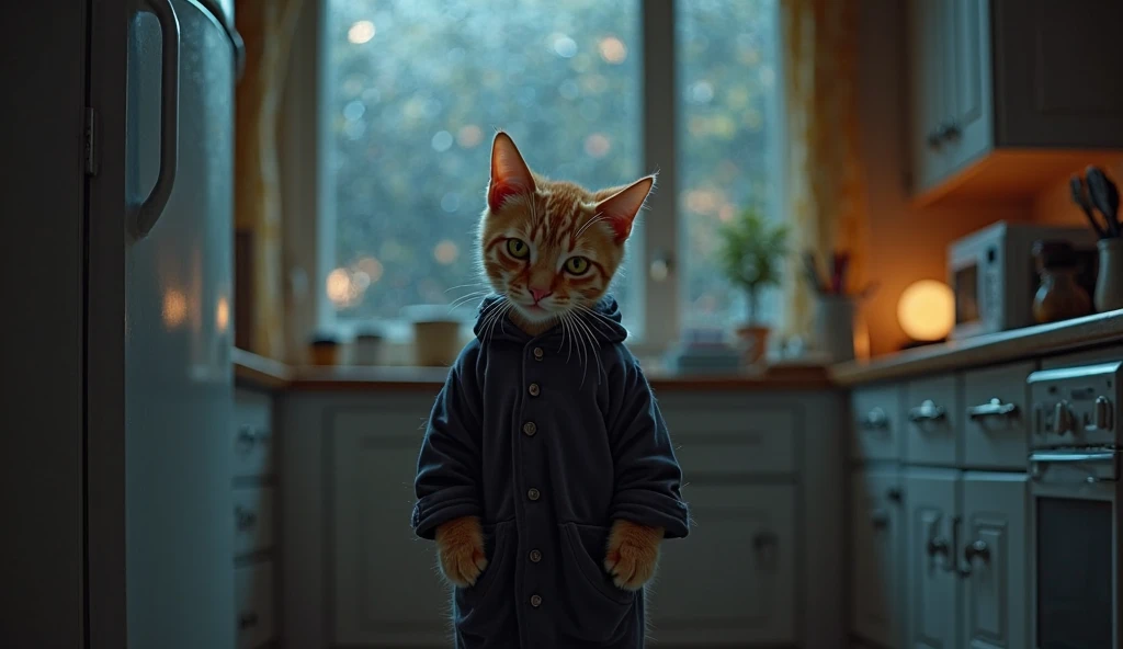 *"A small orange tabby kitten with deep golden eyes stands in the dimly lit kitchen, wearing an oversized black night suit. She looks weak and tired, her body slightly swaying as she stands near the closed fridge. One paw rests gently on the fridge door, a...