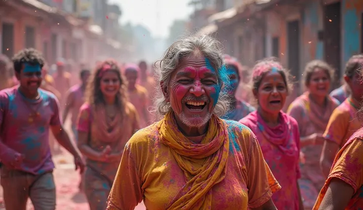 The entire village is drenched in the colors of Holi, ren, elders and youth are all dancing with joy. There is an atmosphere of colours, music and laughter everywhere.real photo 