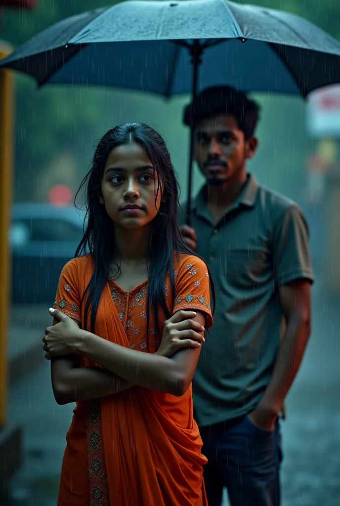 An Indian girl, standing at a dimly lit bus stop in the rain, her traditional salwar kameez soaked, strands of wet hair sticking to her face. Her arms are wrapped around herself as she shivers slightly. Behind her, an Indian young man, wearing a casual shi...